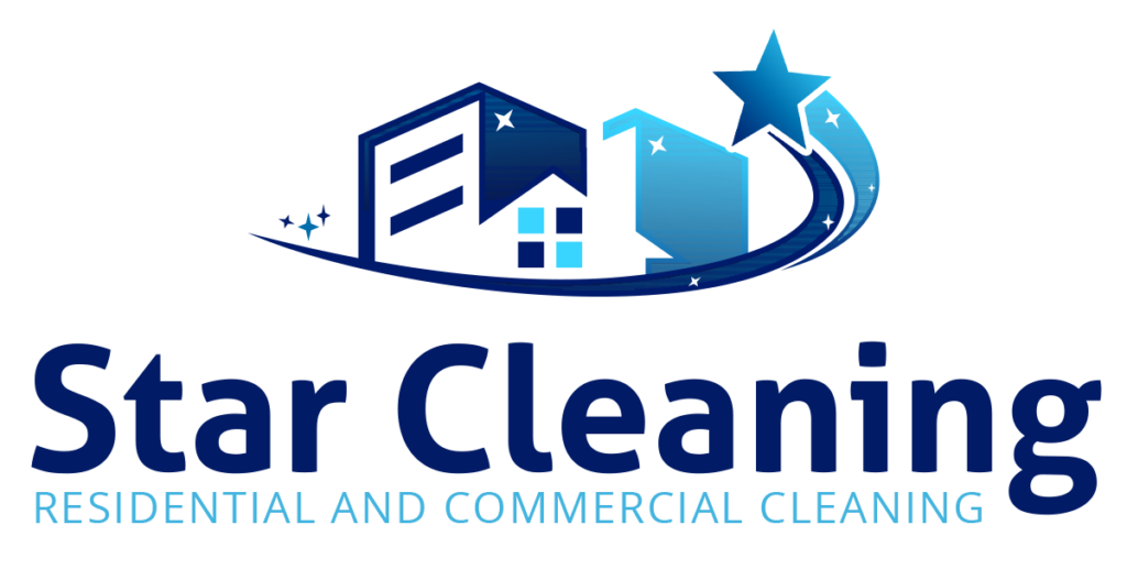 Logo of Star Cleaning, a house cleaning company offering residential and commercial cleaning services, featuring stylized graphical elements like buildings, a house, and a star within a swoosh.